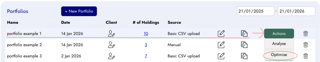 Diversiview Dashboard example showing Optimise option for a user portfolio